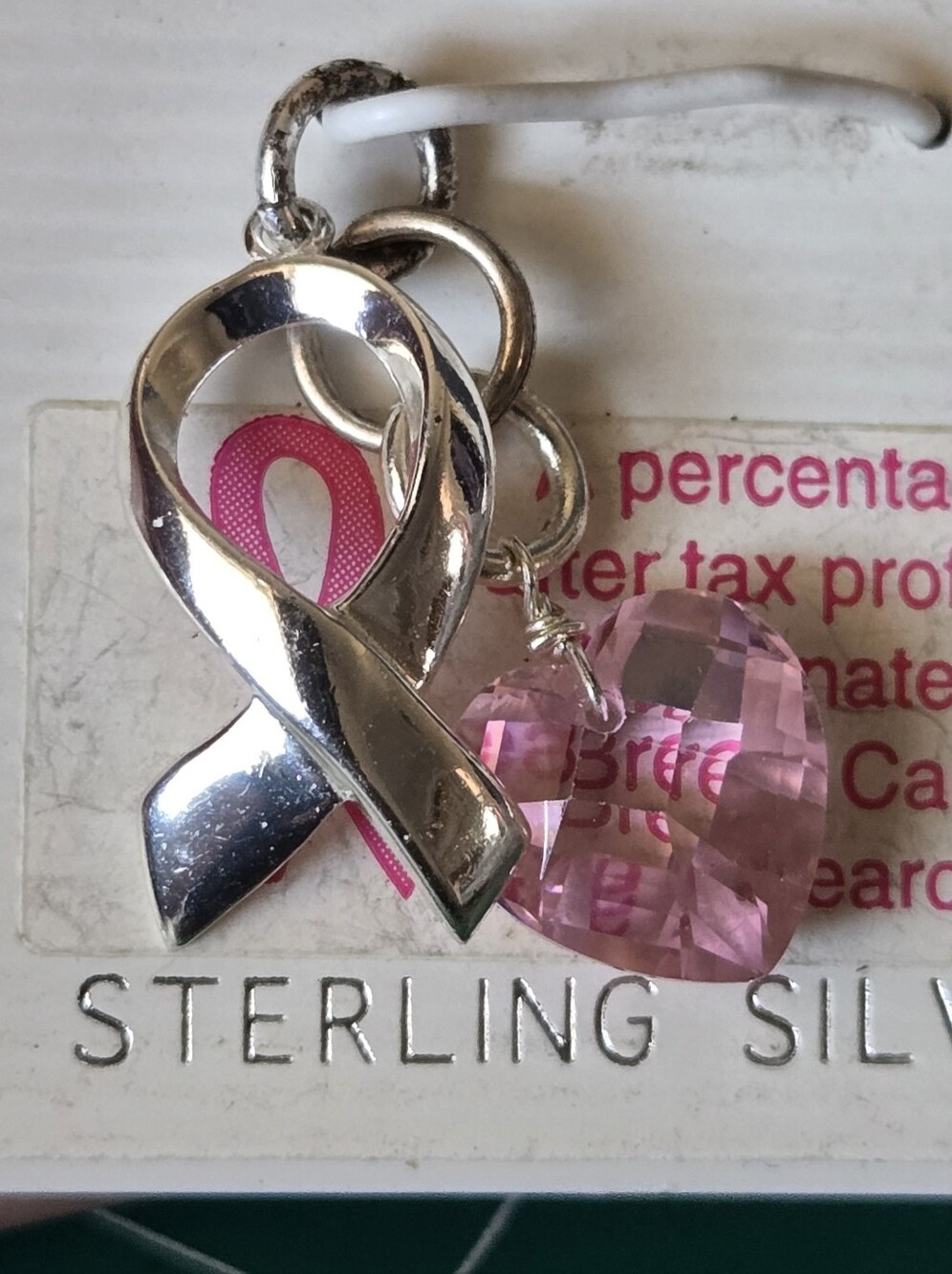 Sterling Ribbon Pendant with Pink Heart Charm